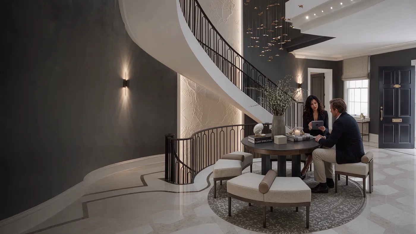 Olympia in consultation with clients in a grand lobby